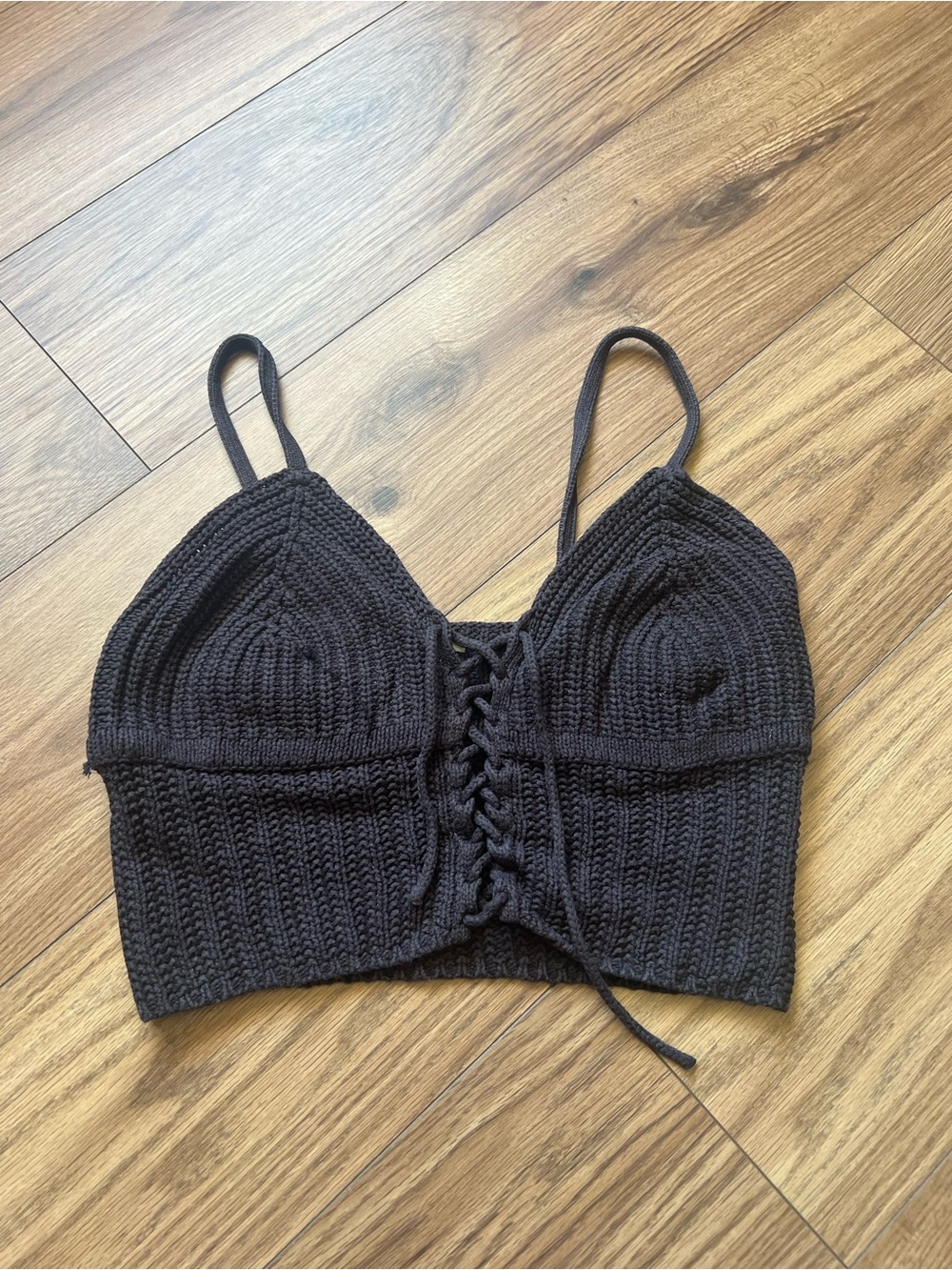 American Eagle Charcoal Crochet Style Knit Corset Top Lace Up Front Tank L
